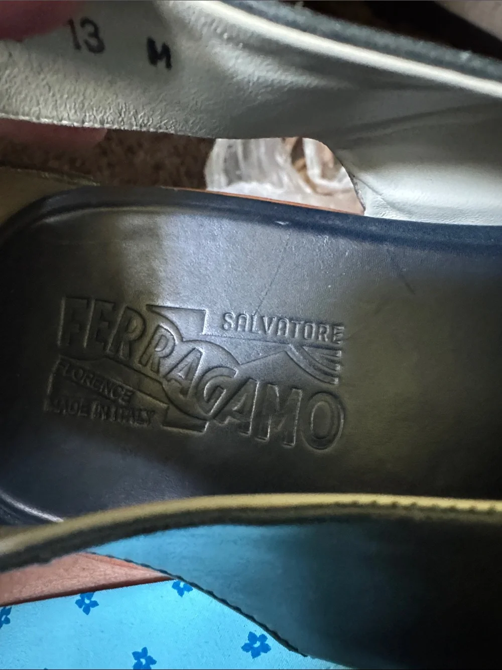 Salvatore Ferragamo Beige and Navy Leather, Rubber Sole Detail